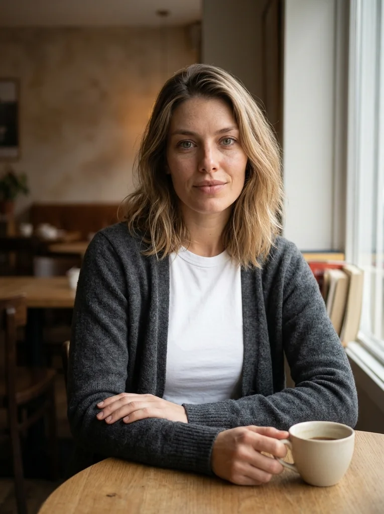 A fictional adult in a charcoal knit cardigan sits at a wooden cafe table by a large window, both hands visible, one holding a cream cup. AI-generated example.