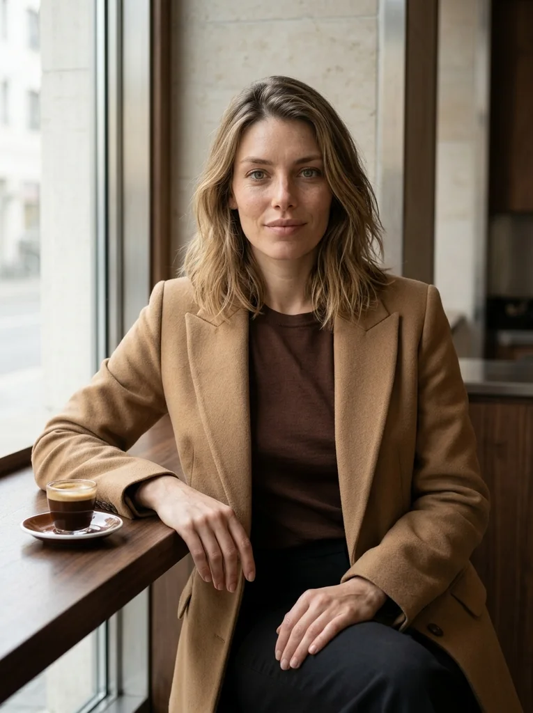 Glass and Espresso. Chocolate silk-knit, limestone and clean glass in a carefully composed café fashion portrait. AI-generated example.