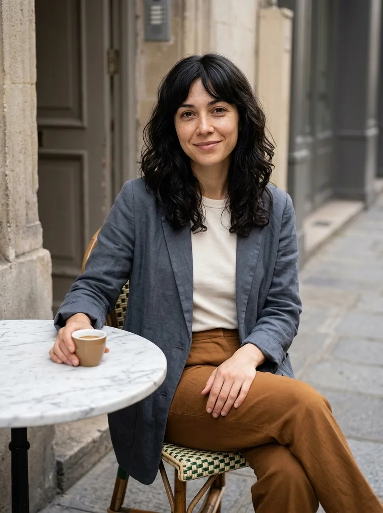 Pavement Marble. A small street table and relaxed tailored layers make a poised café portrait. AI-generated example.