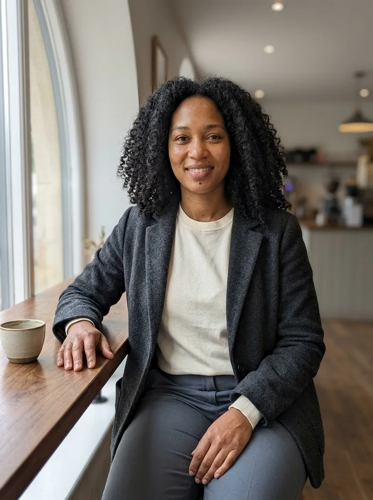 Dark Wood Daylight. A bright arched window gives polish to ivory knit in a dark walnut café. AI-generated example.