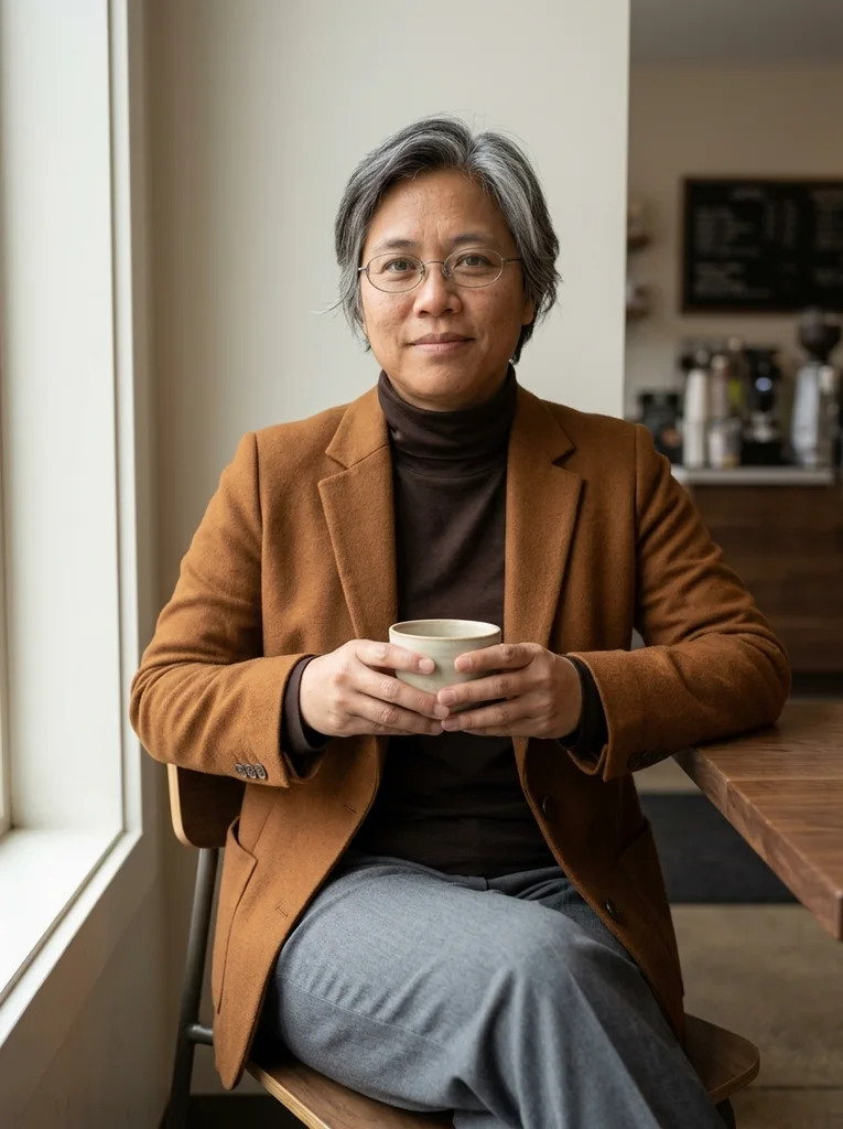 Cup Below the Sternum. A single cup held low creates an intimate but complete-handed café portrait. AI-generated example.