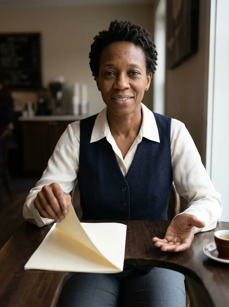 Unprinted Page Turn. A small folded sheet and espresso give a reading pause an elegant café finish. AI-generated example.
