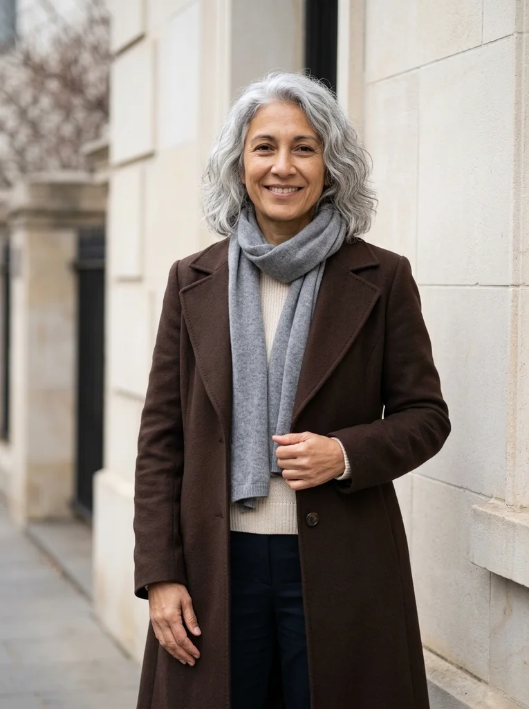 A smiling fictional adult in a long dark brown wool coat and loose gray scarf stands against a pale stone wall in soft overcast light. AI-generated example.