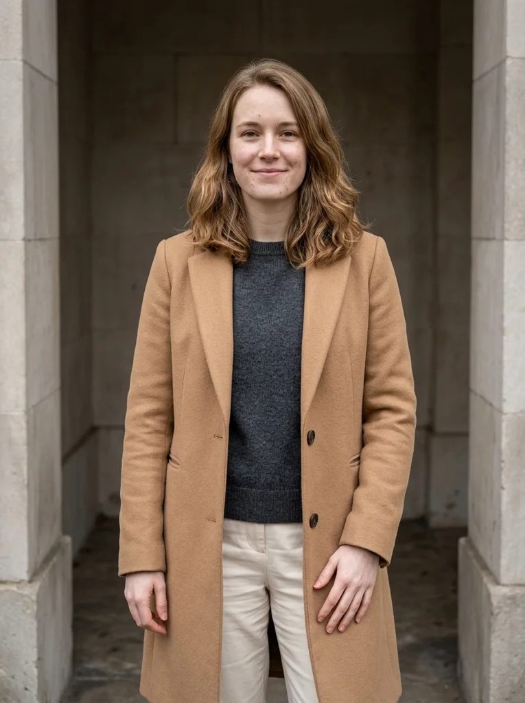 Winter Recess, Camel Wool. A sheltered facade recess and camel wool make a rich, quietly posed winter portrait. AI-generated example.