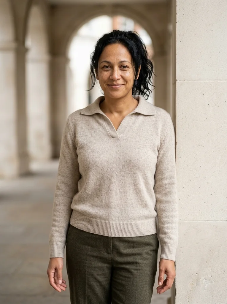 Arcade Knit, Soft Collar. A soft knit collar and quiet arcade turn a sheltered winter pause into a tactile portrait. AI-generated example.