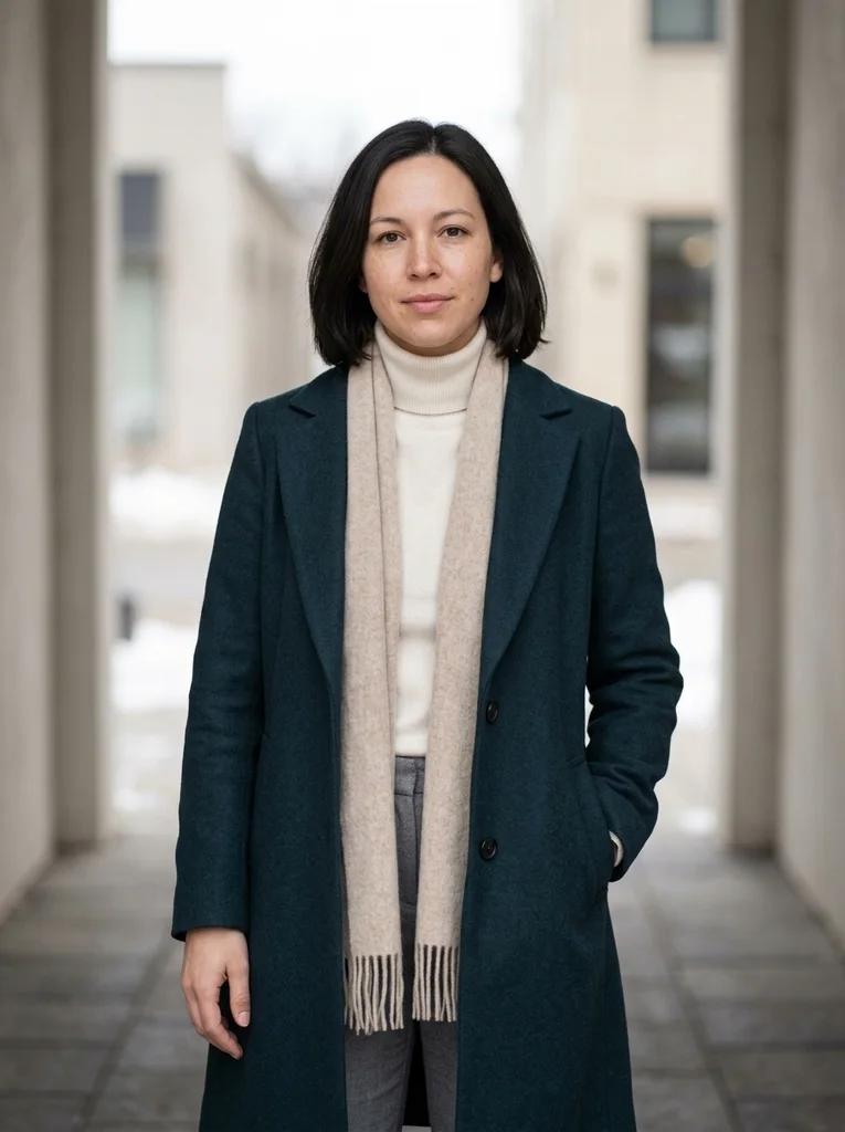 A fictional adult with chin-length dark hair stands facing the camera in a deep green wool coat, an oatmeal fringed scarf and a cream turtleneck, between pale buildings with snow behind, in soft overcast light. AI-generated example.