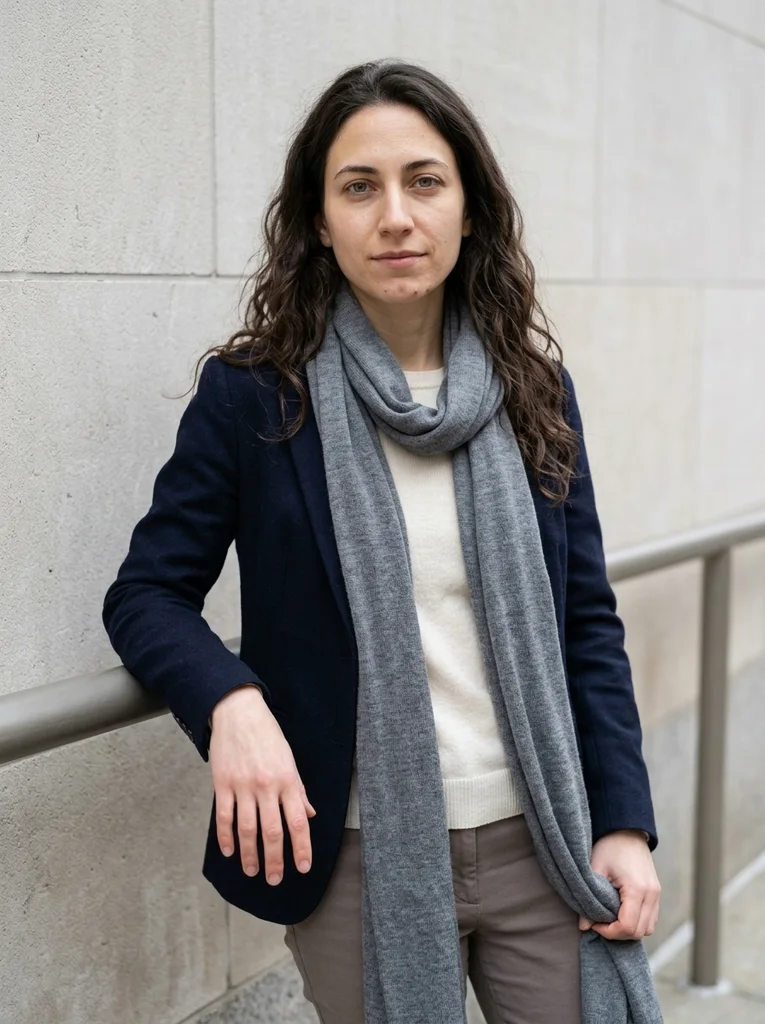 Scarf End, Winter Cotton. A low scarf end and refined wool-cotton layering make a practical winter editorial. AI-generated example.