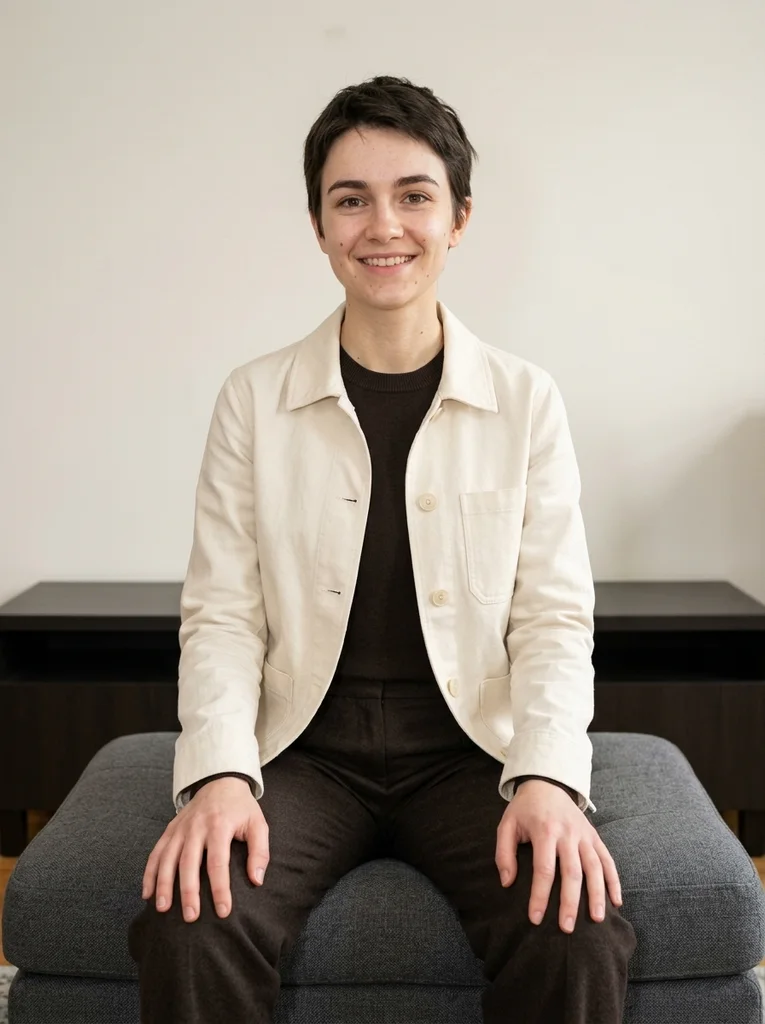 Graphite Ottoman. A low seated flash composition with confident relaxed tailoring. AI-generated example.