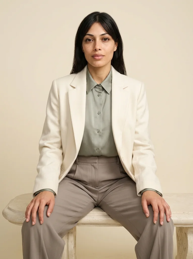 Soft Studio, Sculpted Silk. A refined sage-and-ivory studio portrait with soft beauty light and beautifully constructed fabric. AI-generated example.