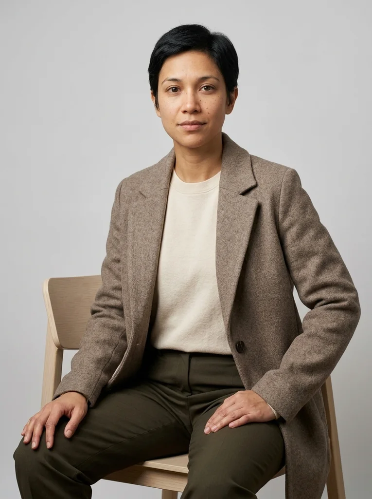 Gray Chair, Warm Wool. Warm wool and a minimal chair make an intimate, softly lit seated editorial. AI-generated example.