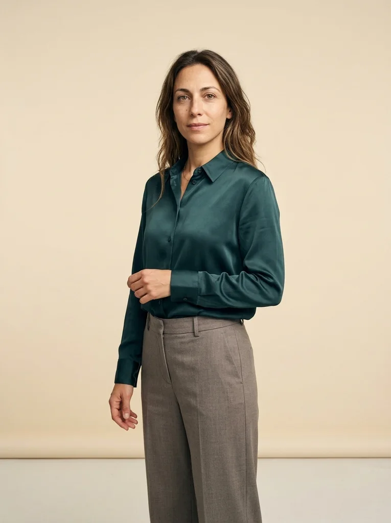 Cream Plane, Petrol Silk. A refined petrol silk silhouette stands cleanly against a physical cream studio sweep. AI-generated example.