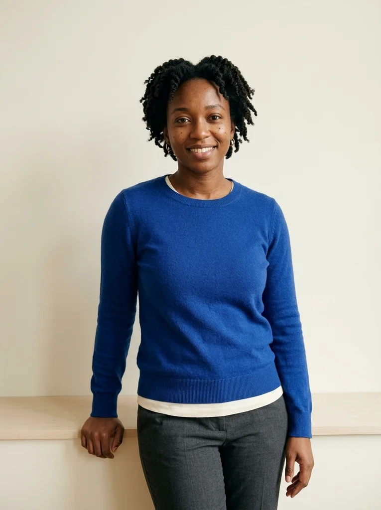 Cream Ledge, Cobalt Knit. A cobalt knit and low cream ledge bring quiet color into a soft studio standing portrait. AI-generated example.