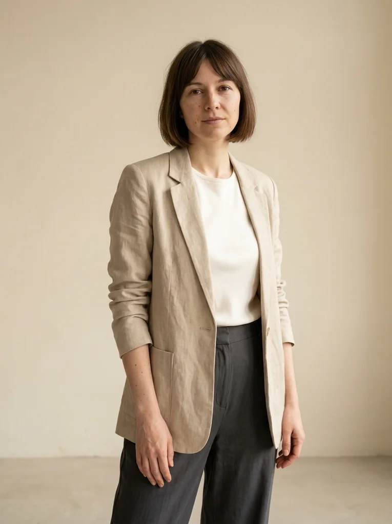 Cream Wall, Linen Form. A sculptural linen layer and a relaxed stance make an airy studio fashion portrait. AI-generated example.