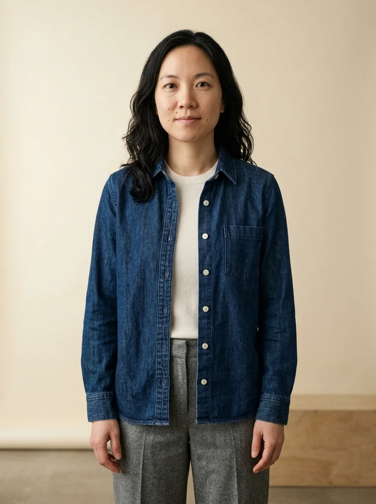 Cream Studio, Soft Denim. Refined denim and cream space make a relaxed, contemporary studio portrait. AI-generated example.