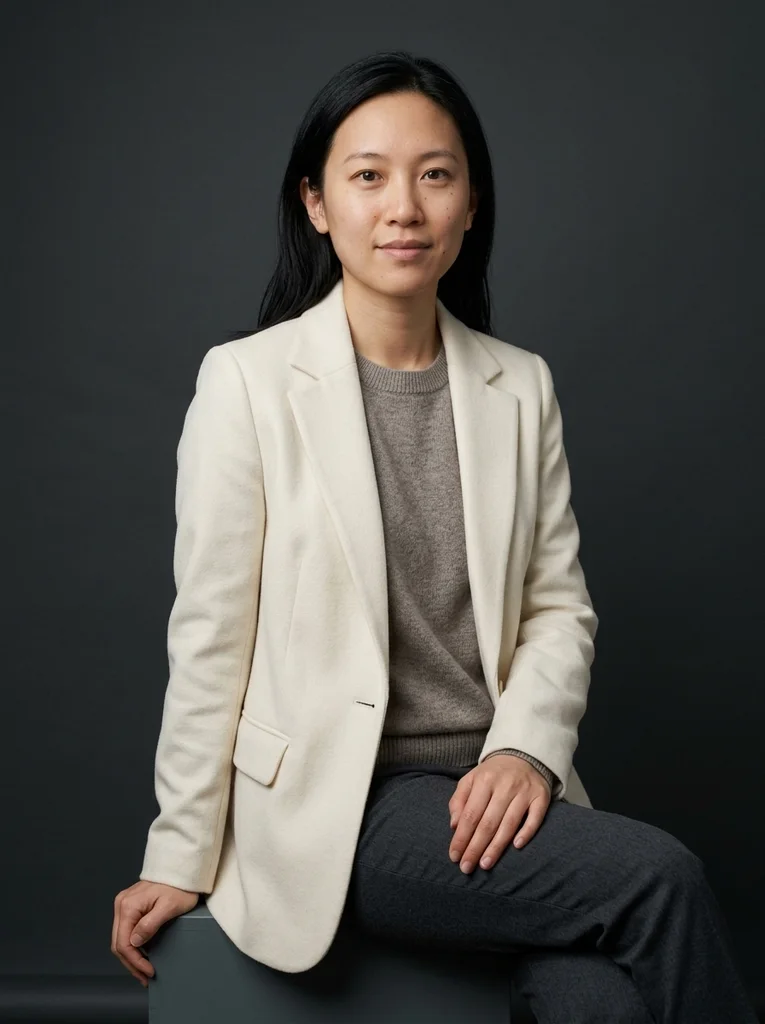 Dark Sweep, Ivory Structure. Ivory tailoring and open shadows make a refined portrait against a dark physical studio sweep. AI-generated example.