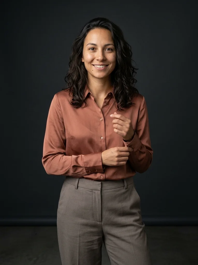 Dark Studio, Copper Silk. Copper silk and a dark studio backdrop create a warm, naturally lit fashion portrait. AI-generated example.
