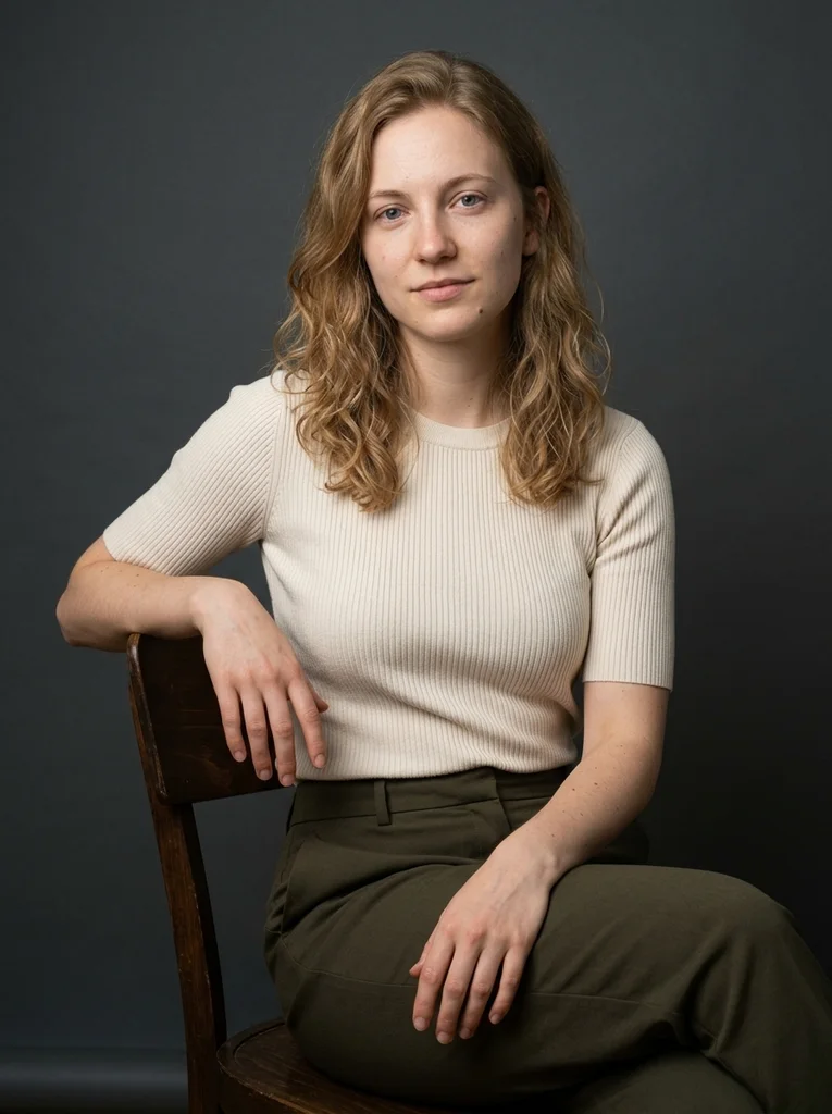 Dark Chair, Soft Cream Knit. Cream knit and a dark timber chair bring tactile clarity to an open-shadow portrait. AI-generated example.