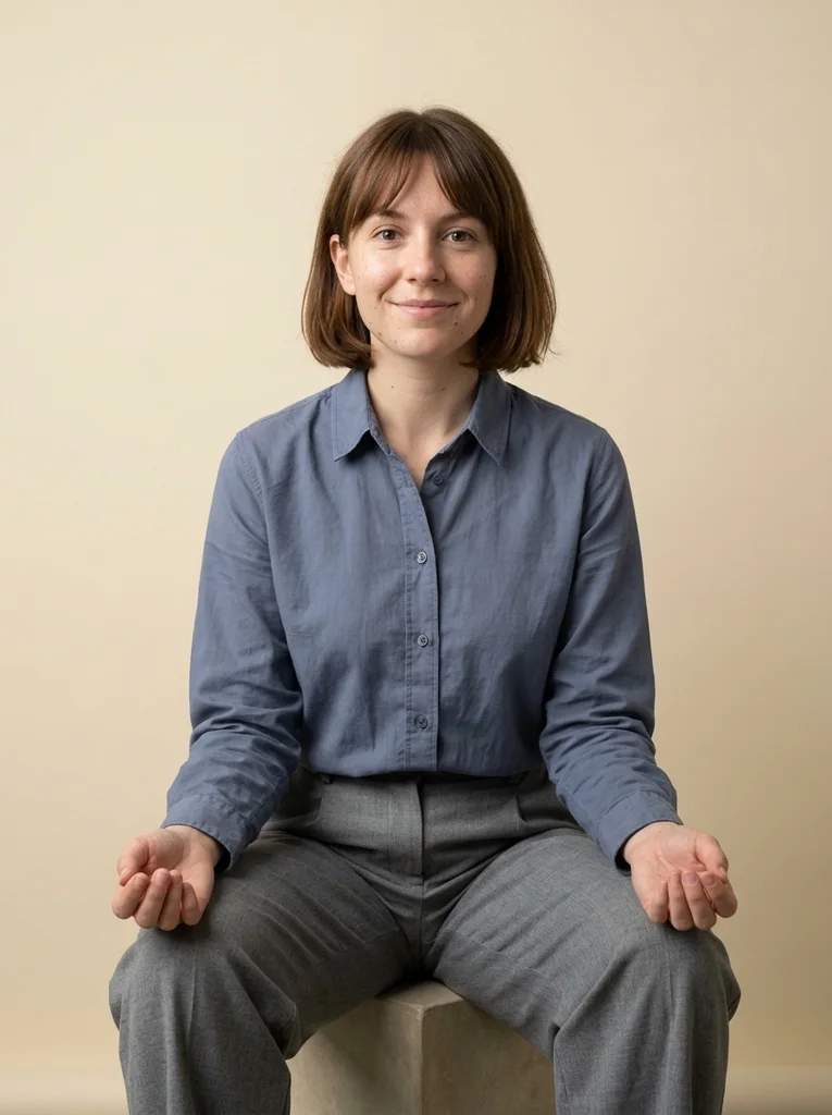 Soft Shirt, Open Hands. A refined cotton shirt and relaxed open hands make a clear, naturally posed studio portrait. AI-generated example.