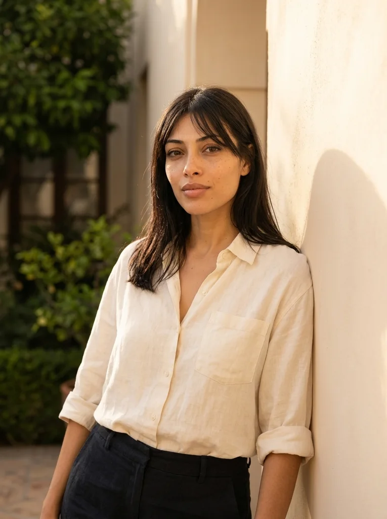 A fictional adult with long dark hair and bangs leans against a sunlit cream plaster wall, wearing a rolled-sleeve cream linen shirt and black trousers. Green foliage fills the background, and warm sunlight casts a soft shadow on the wall. AI-generated example.