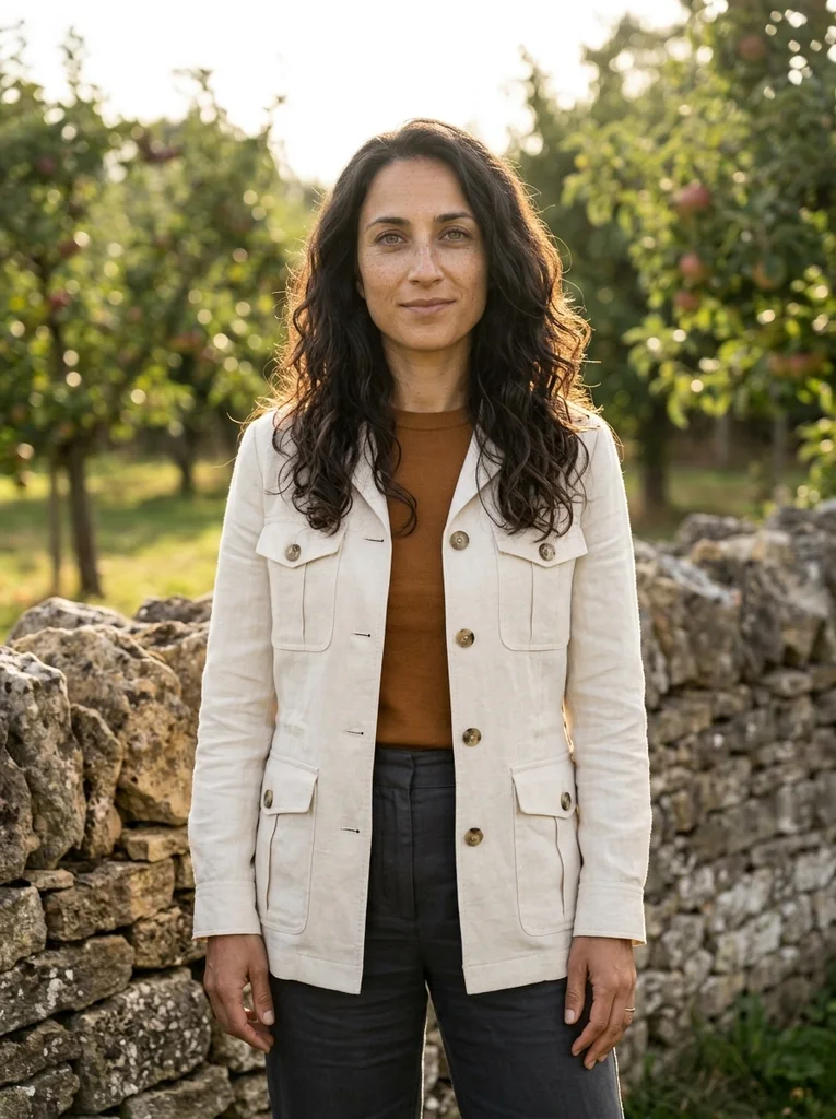 Orchard Linen. A confident garden portrait with cream linen and late sun. AI-generated example.