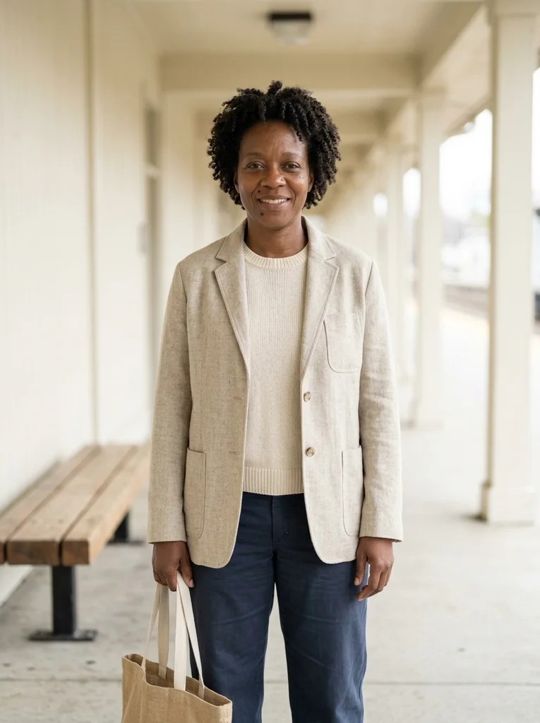 Canvas Bag, Linen Jacket. A single canvas bag and refined linen jacket make travel styling tangible and calm. AI-generated example.