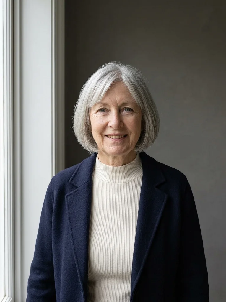 A fictional adult with chin-length gray hair, a navy wool jacket and a cream ribbed high-neck top, facing the camera with a gentle smile beside a tall window frame in soft daylight. AI-generated example.
